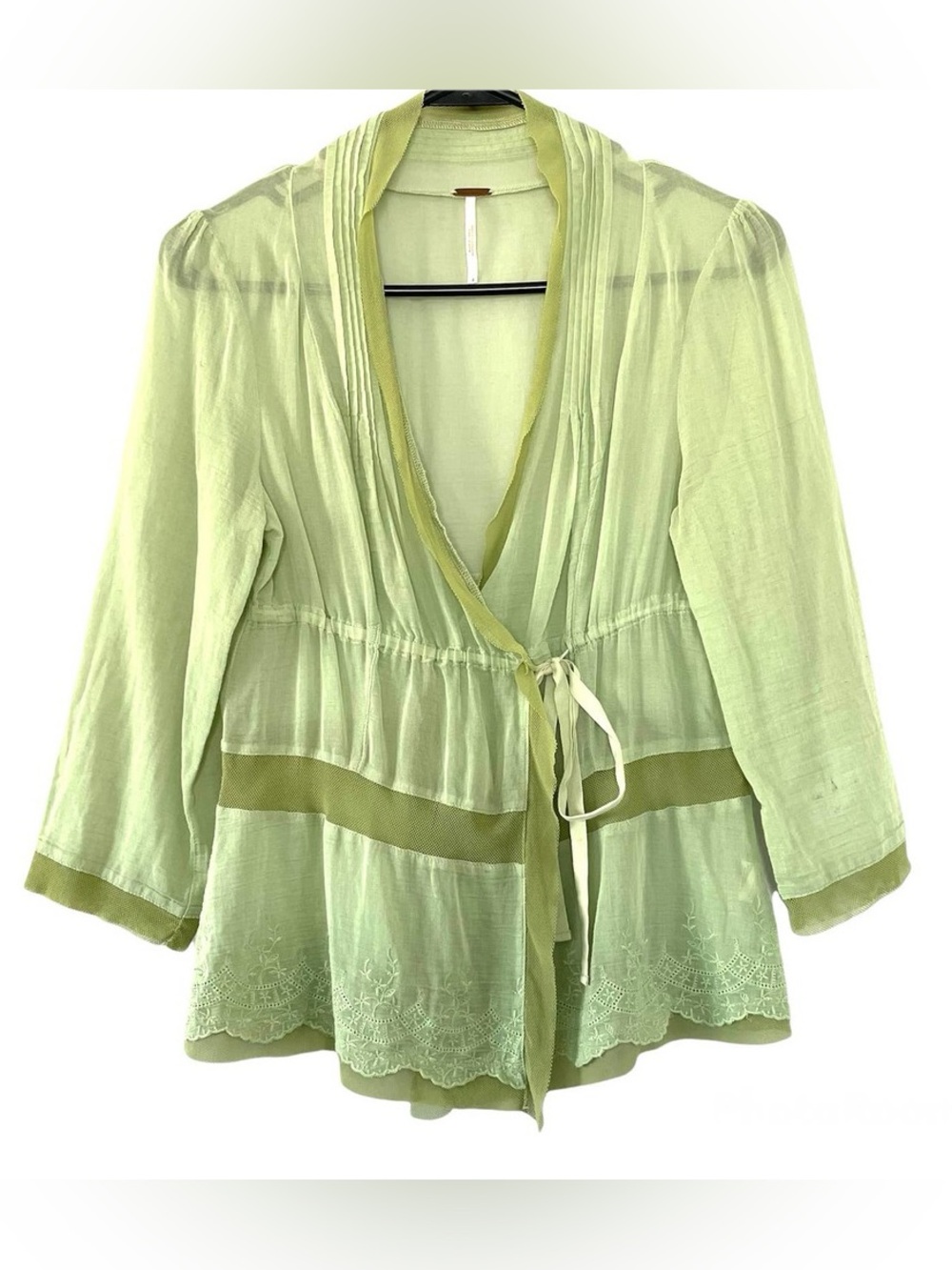 Free People Vintage Light Green Wrap Blouse Sheer Lace Detail Size 12 Feminine